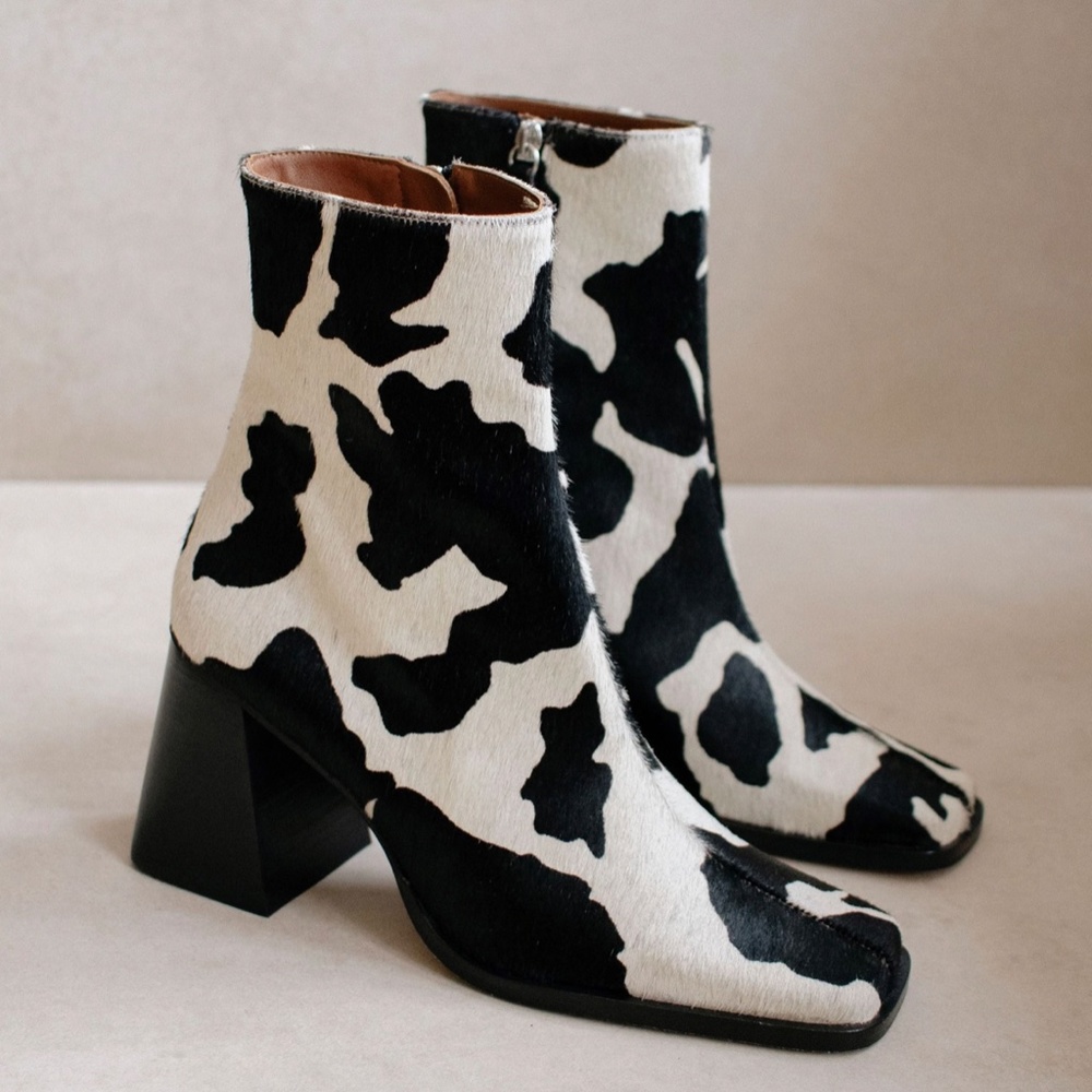 Cow Print Pony Hair Square Toe Chunky Heel Leather Boots Aloha - Picture 6 of 6